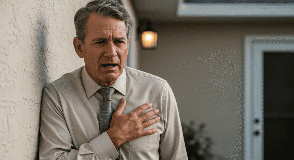 Hombre dolor pecho infarto ataque cardíaco. Imagen de un hombre con dolor en el pecho, posible infarto o ataque cardíaco. Ilustración de síntomas médicos y emergencias de salud.