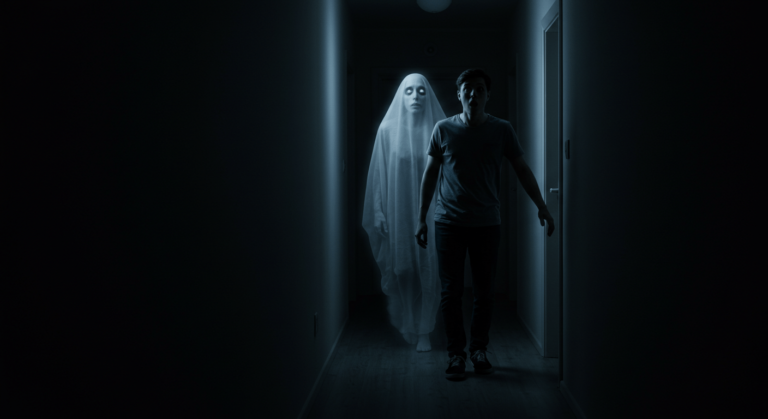 "Hombre y fantasma: imagen de terror con un hombre caminando en un pasillo oscuro seguido por un fantasma. Ideal para contenido sobre historias de miedo, fenómenos paranormales y películas de terror. Accesible para personas con discapacidad visual."