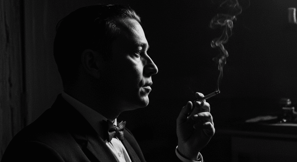 La leyenda de "Gloomy Sunday": el misterio de la canción maldita 5 "Retrato en blanco y negro de hombre fumando con pajarita. Imagen clásica de perfil con cigarrillo y estilo retro."