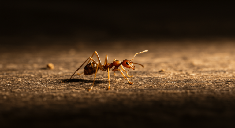 Hormiga roja sobre madera. Imagen macro de una hormiga caminando sobre una superficie de madera texturizada. Insecto y naturaleza.