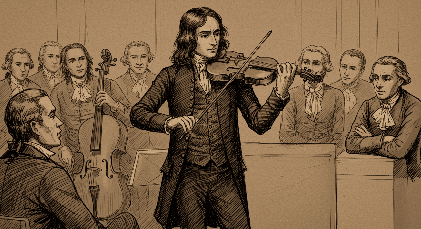 "Ilustración antigua en tonos sepia de un violinista tocando para un público de caballeros. Imagen accesible y optimizada para búsqueda sobre música clásica y figuras históricas."
