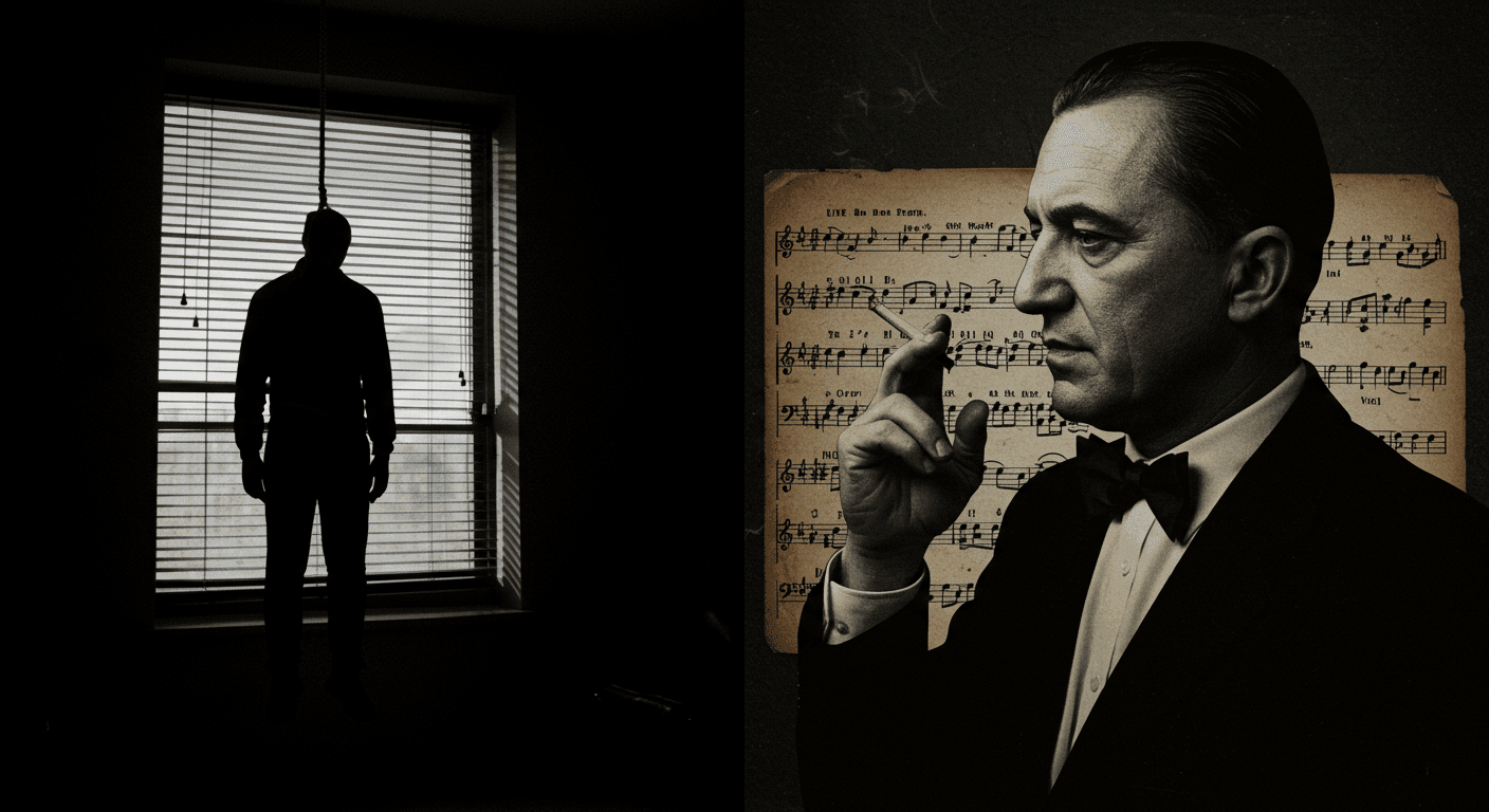 "Imagen perturbadora con ahorcado, retrato de hombre y partitura musical. Composición artística sobre depresión, suicidio y música."