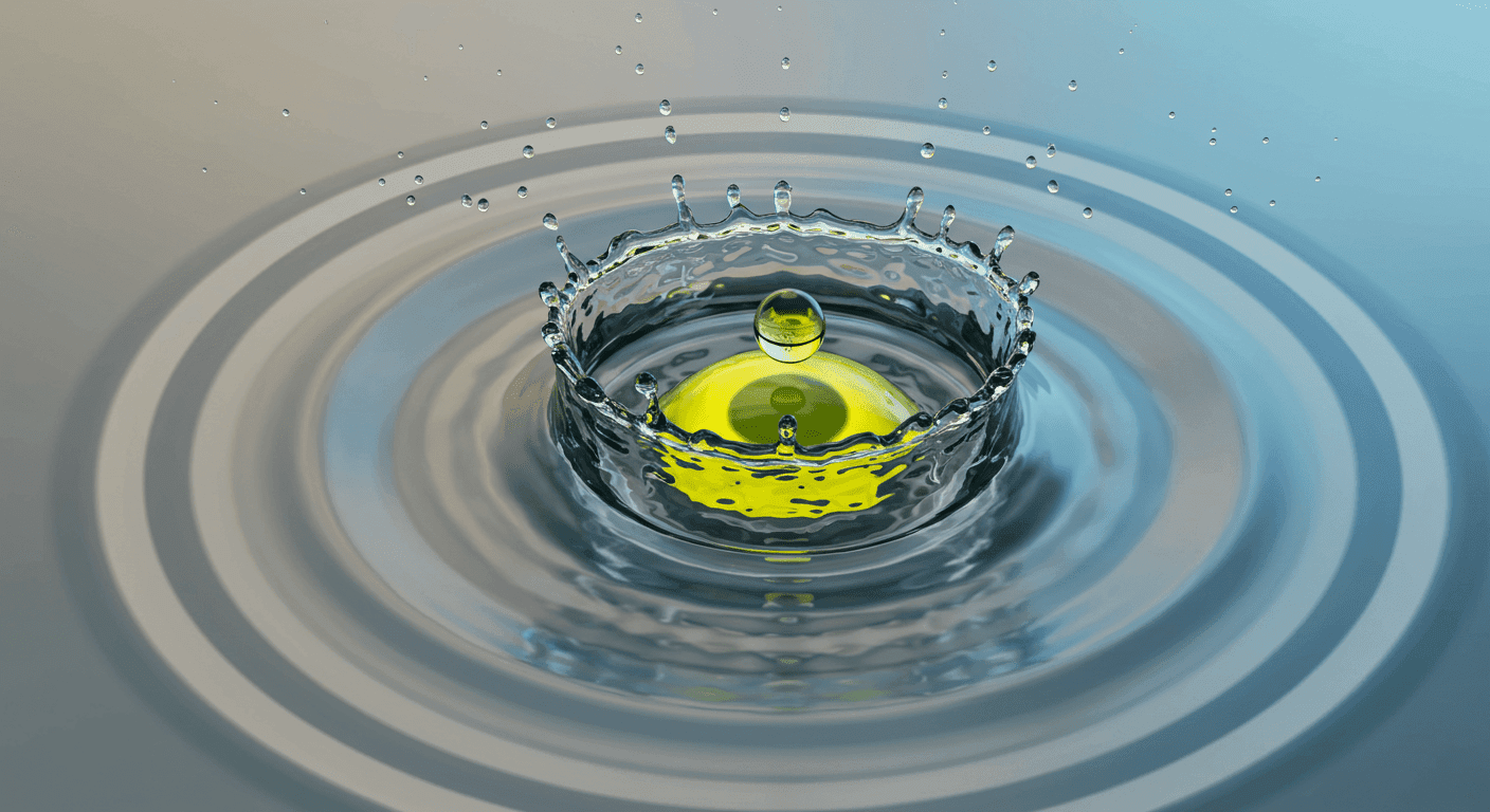 "Impacto de gota de agua: imagen estilizada de una gota impactando una superficie líquida, con reflejos y patrones abstractos. Ideal para contenido sobre ciencia, fotografía macro y arte digital. Accesible para personas con discapacidad visual."