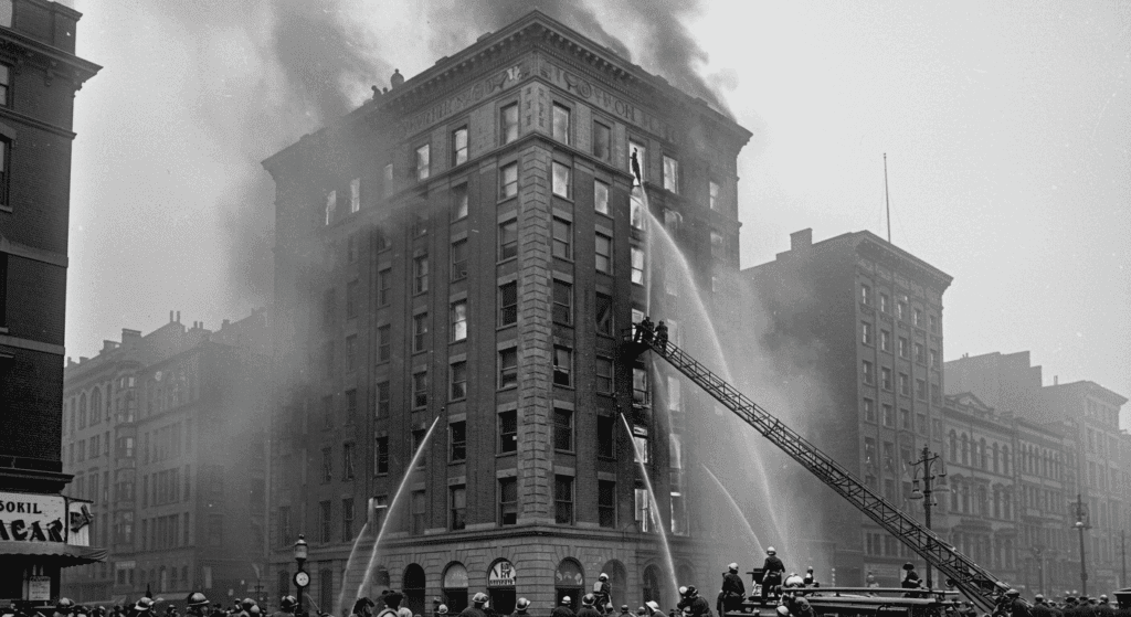 Cómo surgió el Día Internacional de las Mujeres: historia y significado 3 "Fotografía antigua de un incendio en un edificio. Bomberos trabajando para extinguir las llamas. Historia de incendios urbanos y servicios de emergencia."