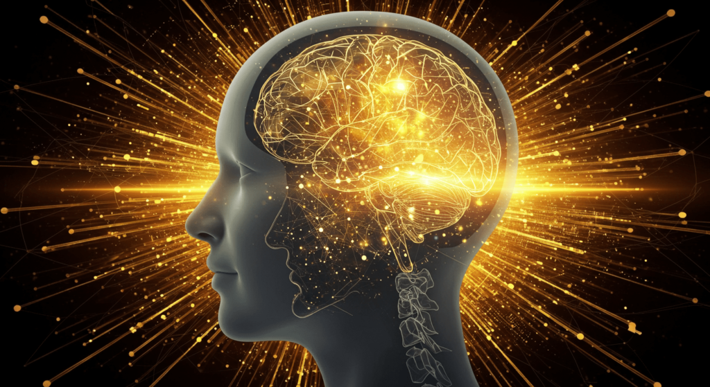 Evolución de los Lenguajes de Programación: Del Código Máquina a la IA 4 Inteligencia artificial, cerebro humano con conexiones digitales doradas. Imagen conceptual de la mente y la tecnología con red neuronal brillante. Representación del pensamiento y la conectividad en el cerebro humano