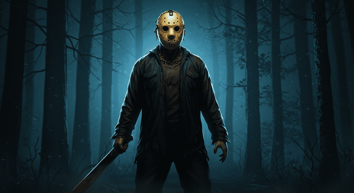 "Jason Voorhees, icónico asesino de Viernes 13, en bosque oscuro. Personaje de terror con máscara de hockey y machete. Ideal para cine de terror, Halloween y SEO."