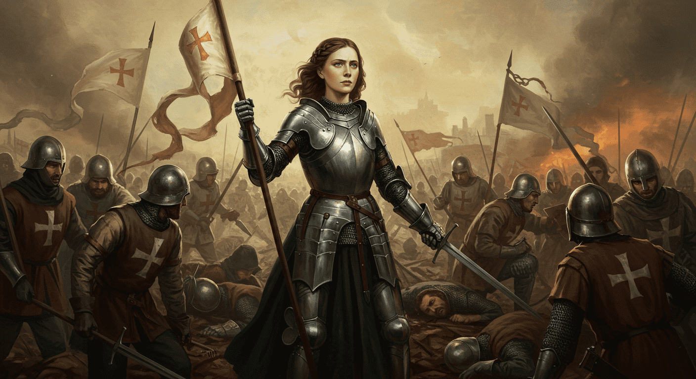 Pintura de Juana de Arco con armadura y estandarte. Representación artística de la heroína francesa. Imagen histórica de Santa Juana de Arco.