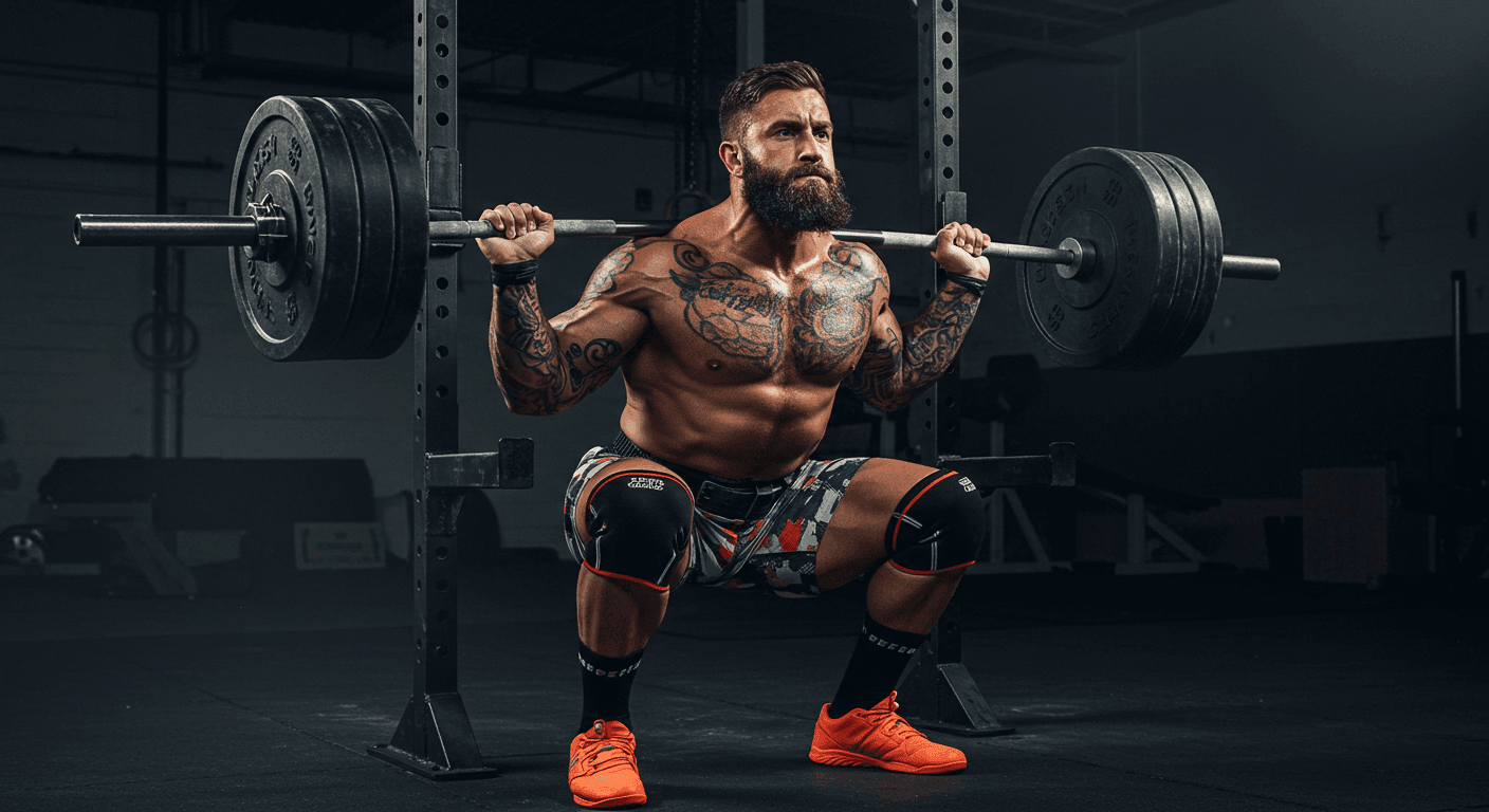 Hombre musculoso con tatuajes levantando pesas en gimnasio. Imagen de un atleta haciendo sentadillas con barra, ideal para blogs de fitness y entrenamiento de fuerza. Fotografía accesible para personas con discapacidad visual.