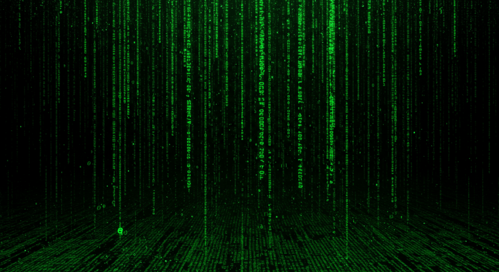 Evolución de los Lenguajes de Programación: Del Código Máquina a la IA 2 Lluvia digital de código fuente verde. Fondo con caracteres alfanuméricos cayendo verticalmente. Representación visual de datos informáticos. Estilo visual inspirado en la película Matrix