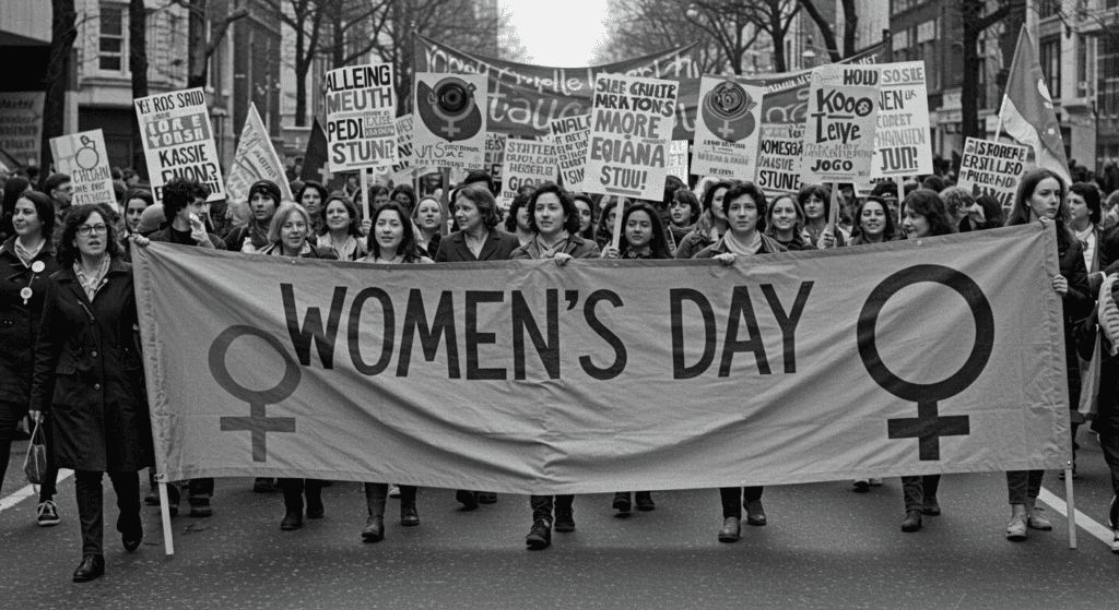 Cómo surgió el Día Internacional de las Mujeres: historia y significado 2 "Manifestación por el Día de la Mujer. Imagen histórica de una marcha en defensa de los derechos de las mujeres y la igualdad de género. Movimiento feminista y justicia social."