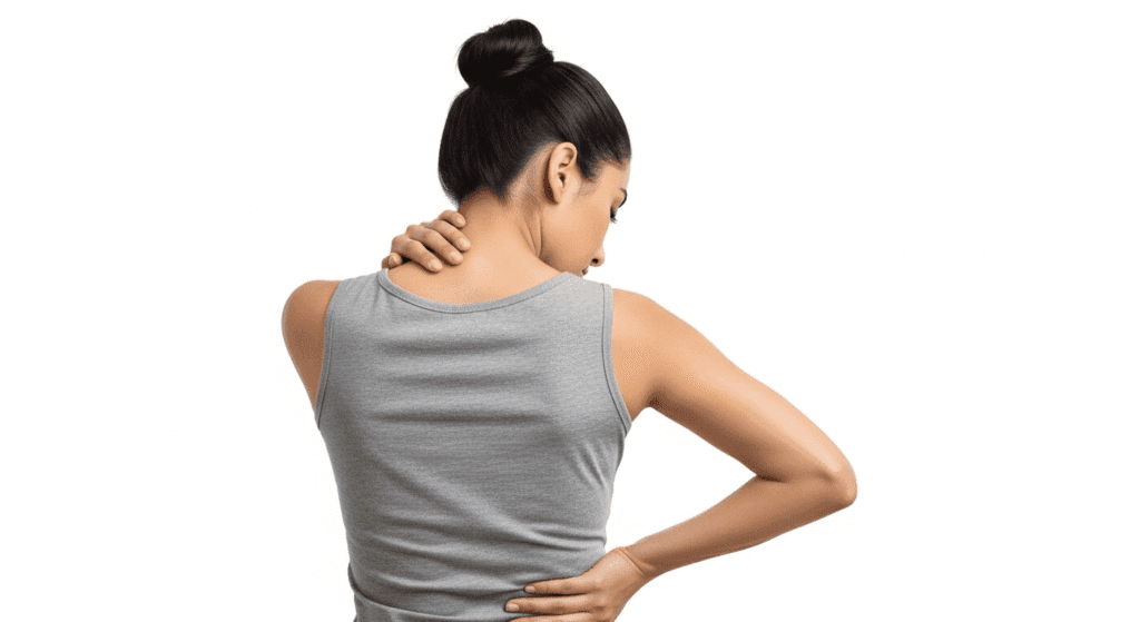 Mujer dolor espalda cuello molestia salud. Imagen de una mujer con dolor en la espalda y cuello, indicando problemas de salud. Ideal para artículos sobre dolor crónico, fisioterapia y bienestar.