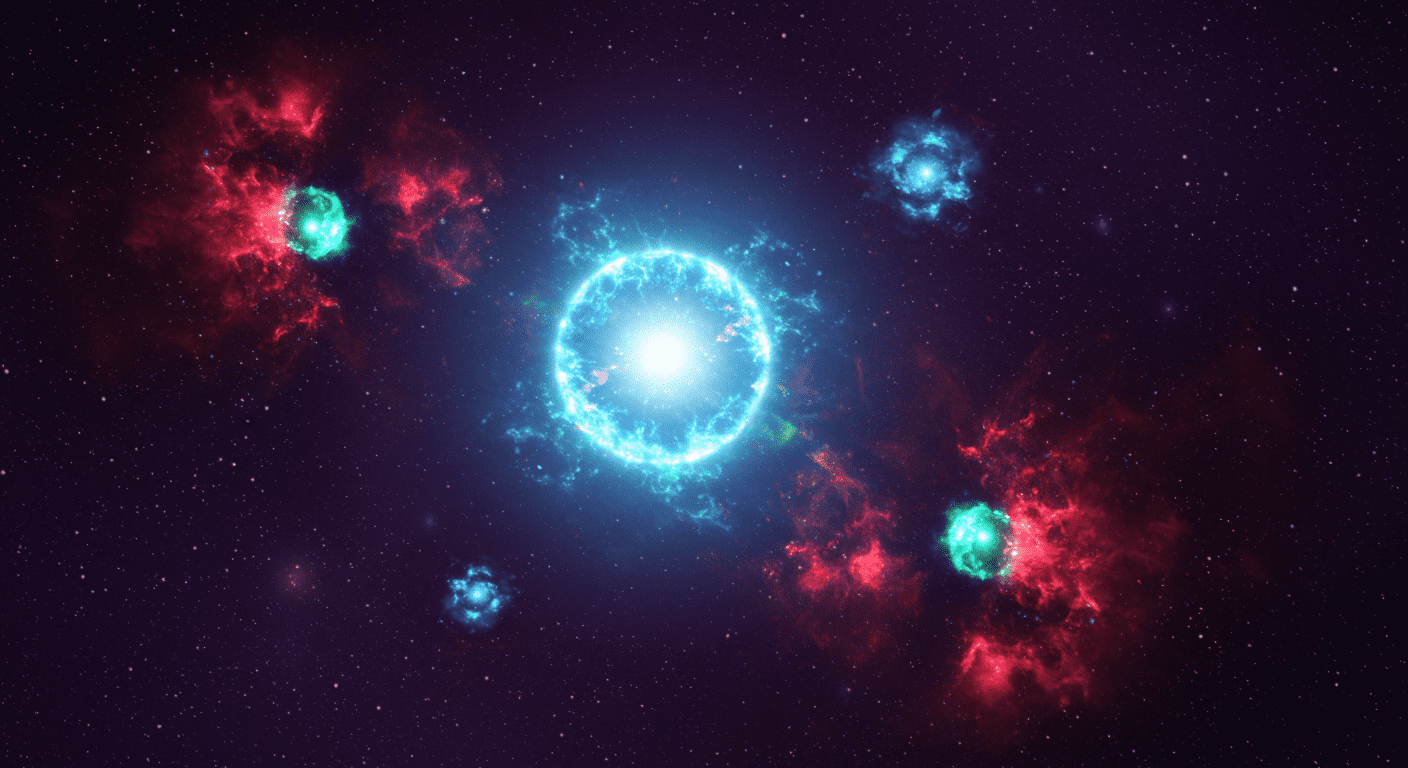 Imagen de nebulosa con una esfera azul brillante central rodeada de orbes coloridos en un fondo de estrellas púrpuras. Representación visual del espacio cósmico.
