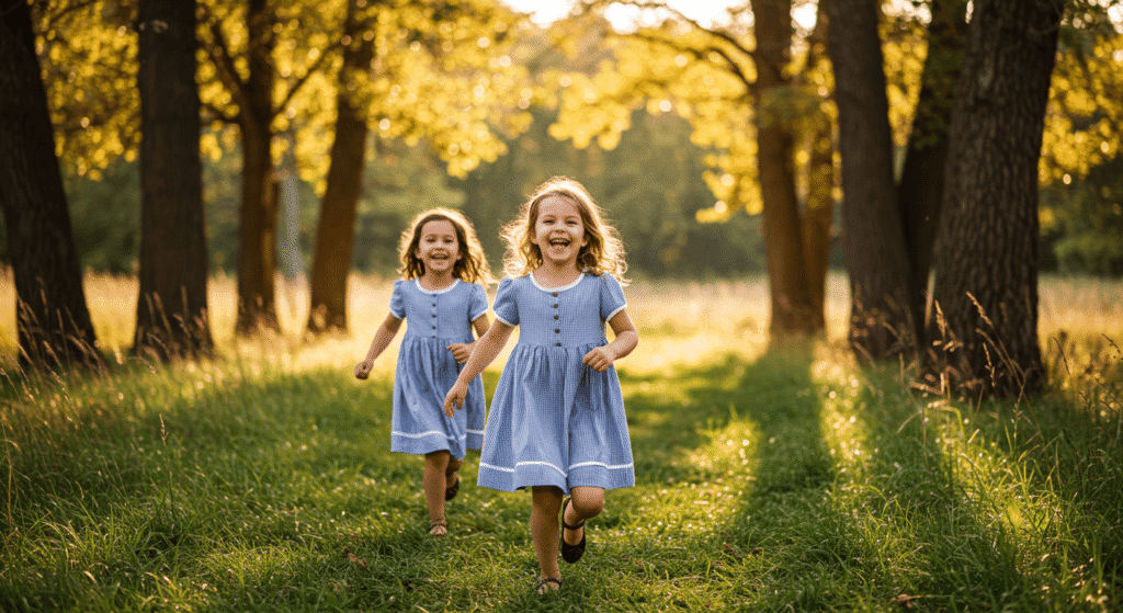 ¿Qué diferencia hay entre gemelos y mellizos? Explicación sencilla 6 Dos niñas corriendo descalzas en un bosque soleado: imagen de alegría, libertad y naturaleza. Vestidos azules a juego.