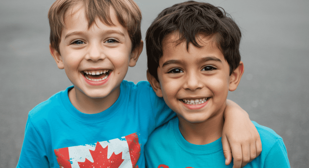 ¿Qué diferencia hay entre gemelos y mellizos? Explicación sencilla 4 Dos niños sonriendo y abrazados: retrato de amistad infantil. Uno lleva una camiseta con la bandera de Canadá.