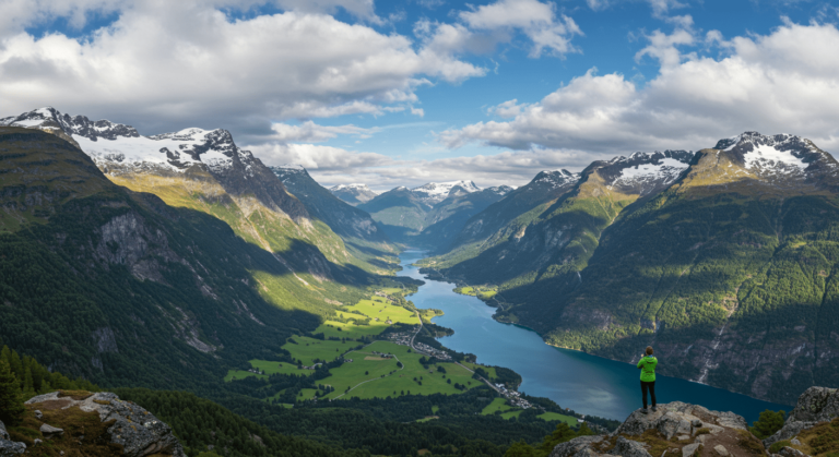 "Impresionante vista panorámica de montañas nevadas y valle verde en Noruega. Turista disfruta del paisaje. Fotografía de naturaleza ideal para turismo de aventura y paisajes escandinavos."