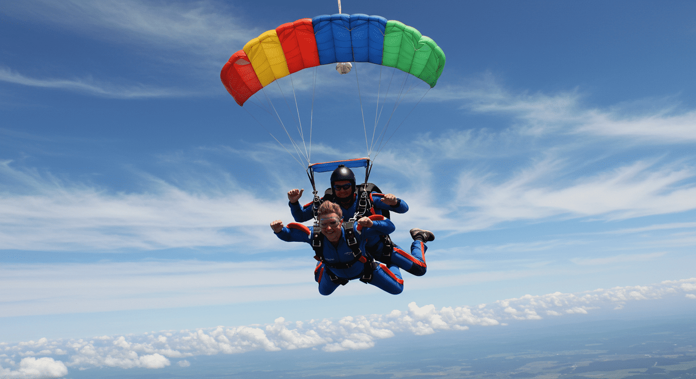 Paracaidistas en tándem saltando al cielo azul. Emoción y adrenalina en deporte extremo, ideal para temas de aventura y turismo. Accesible para personas con discapacidad visual.