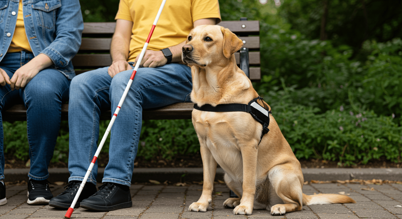 Perro guía labrador junto a persona invidente sentada en banco con bastón blanco. Inclusión, discapacidad visual, perro de asistencia.