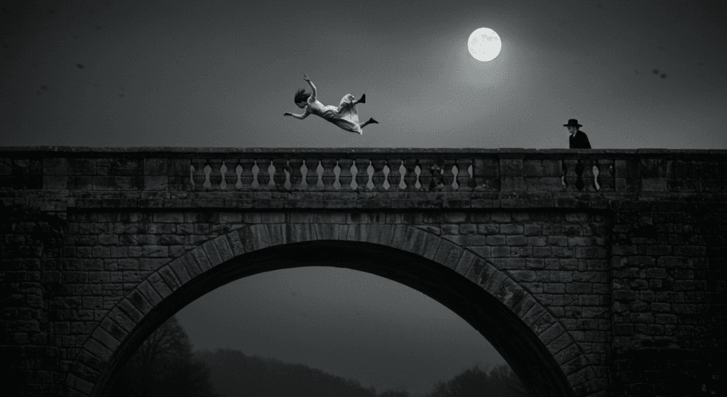 La leyenda de "Gloomy Sunday": el misterio de la canción maldita 7 "Imagen en blanco y negro de persona cayendo desde un puente de piedra. Representación visual de caída, peligro o drama."