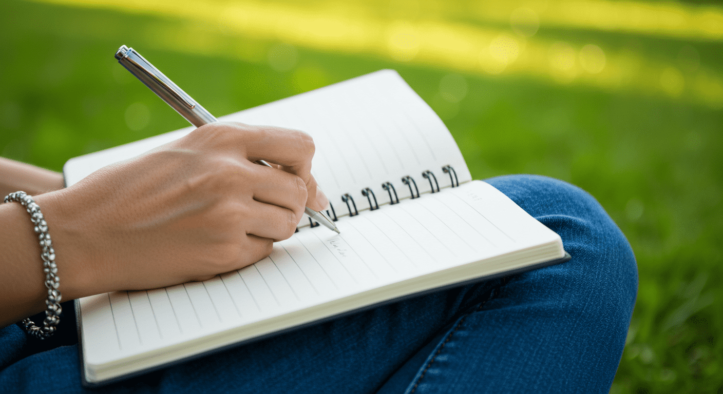 Persona escribiendo en un cuaderno al aire libre. Inspiración, escritura creativa y naturaleza.