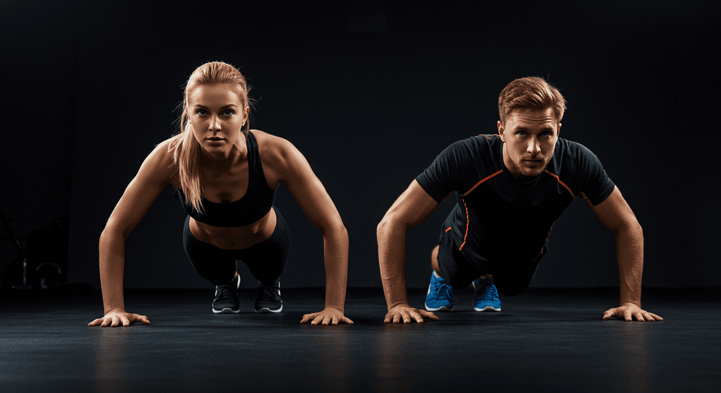 Pareja haciendo flexiones en gimnasio. Mujer y hombre realizando ejercicio de fuerza con fondo negro. Ideal para promover deporte, fitness y entrenamiento.