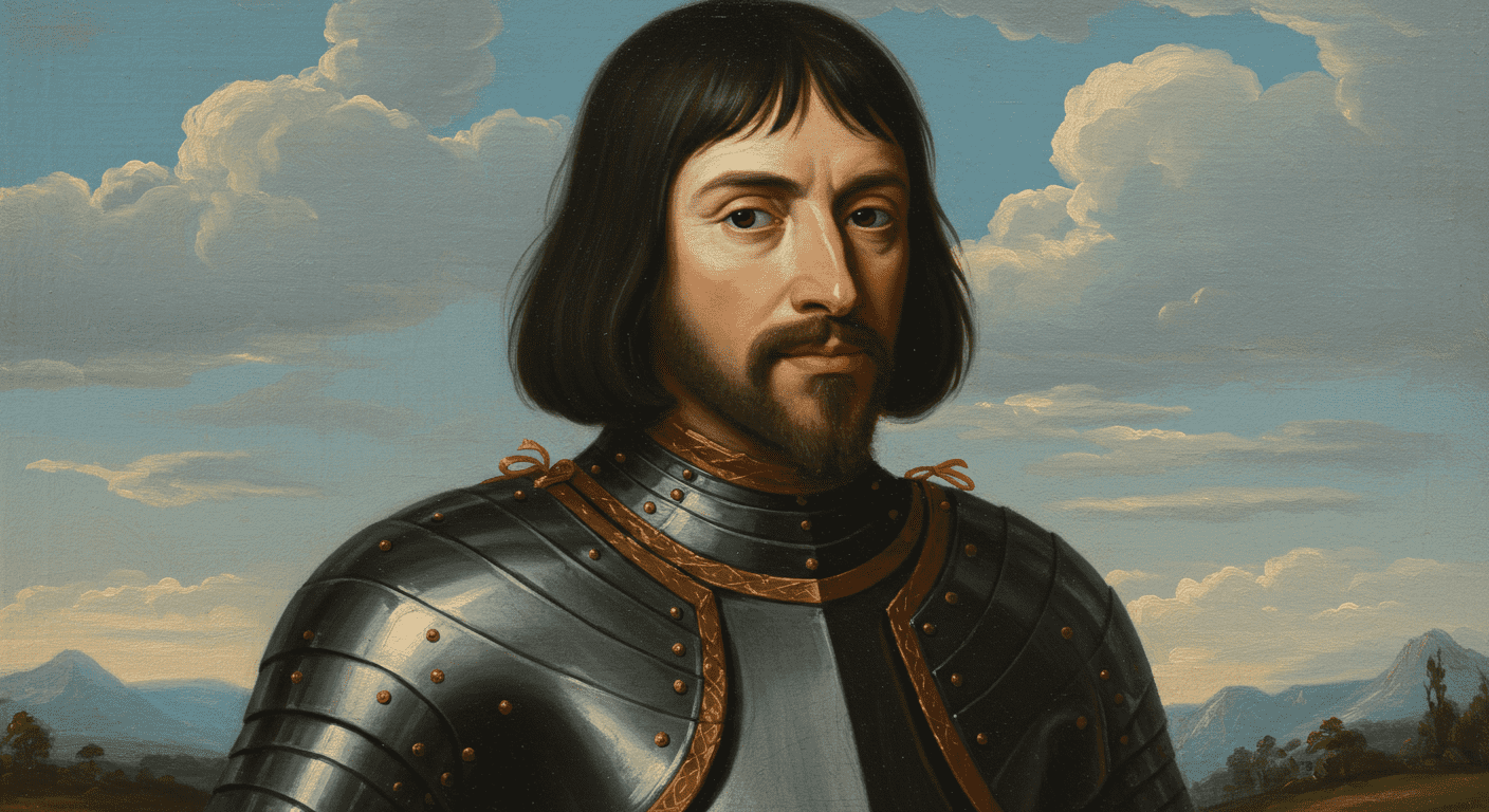 Retrato de hombre con armadura. Pintura de un caballero o noble medieval con armadura decorada. Arte, historia, armadura.