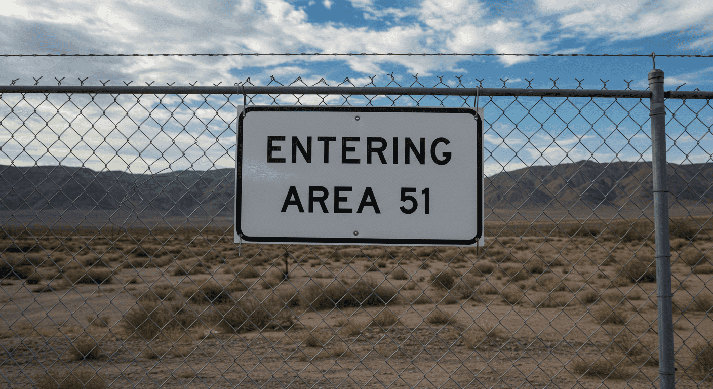 Señal de "ENTRANDO AL ÁREA 51" en una valla, con el desierto y las montañas de Nevada al fondo. Área 51, misterio, gobierno, prohibido, ovni.