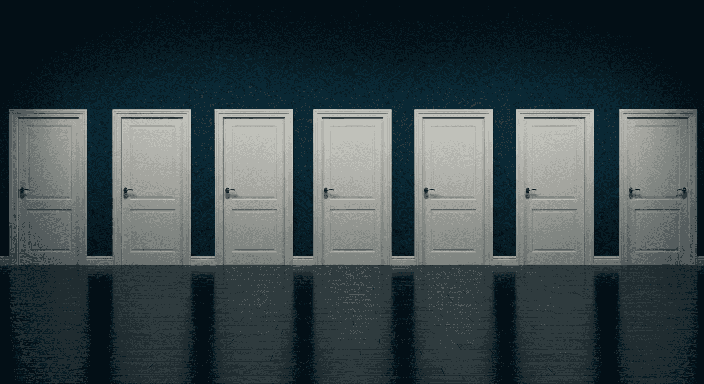 Siete puertas blancas alineadas sobre pared azul con diseño floral. Imagen de opciones, diseño interior.