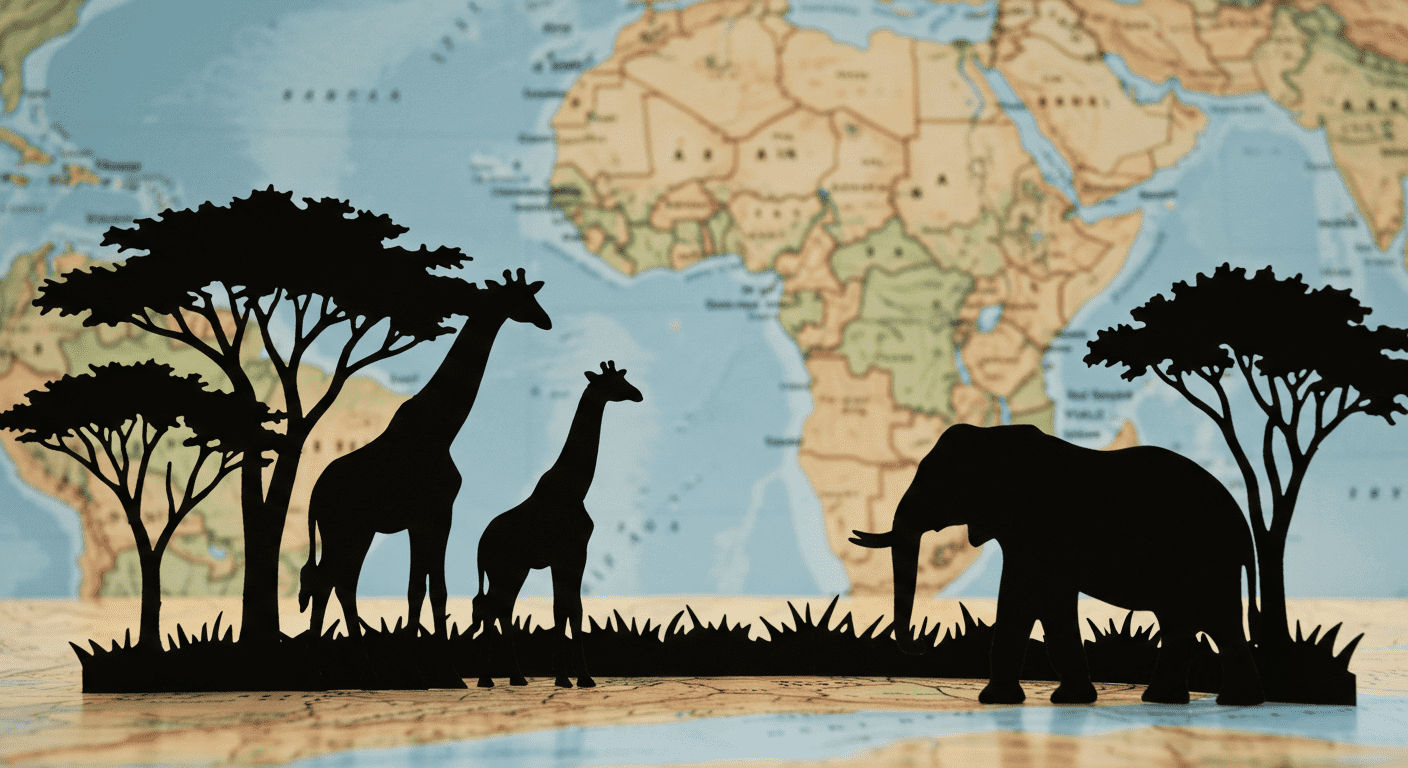 "Siluetas de animales africanos sobre mapa de África. Diseño artístico con jirafas, elefante y árboles. África, fauna africana, arte con siluetas, mapa de África."