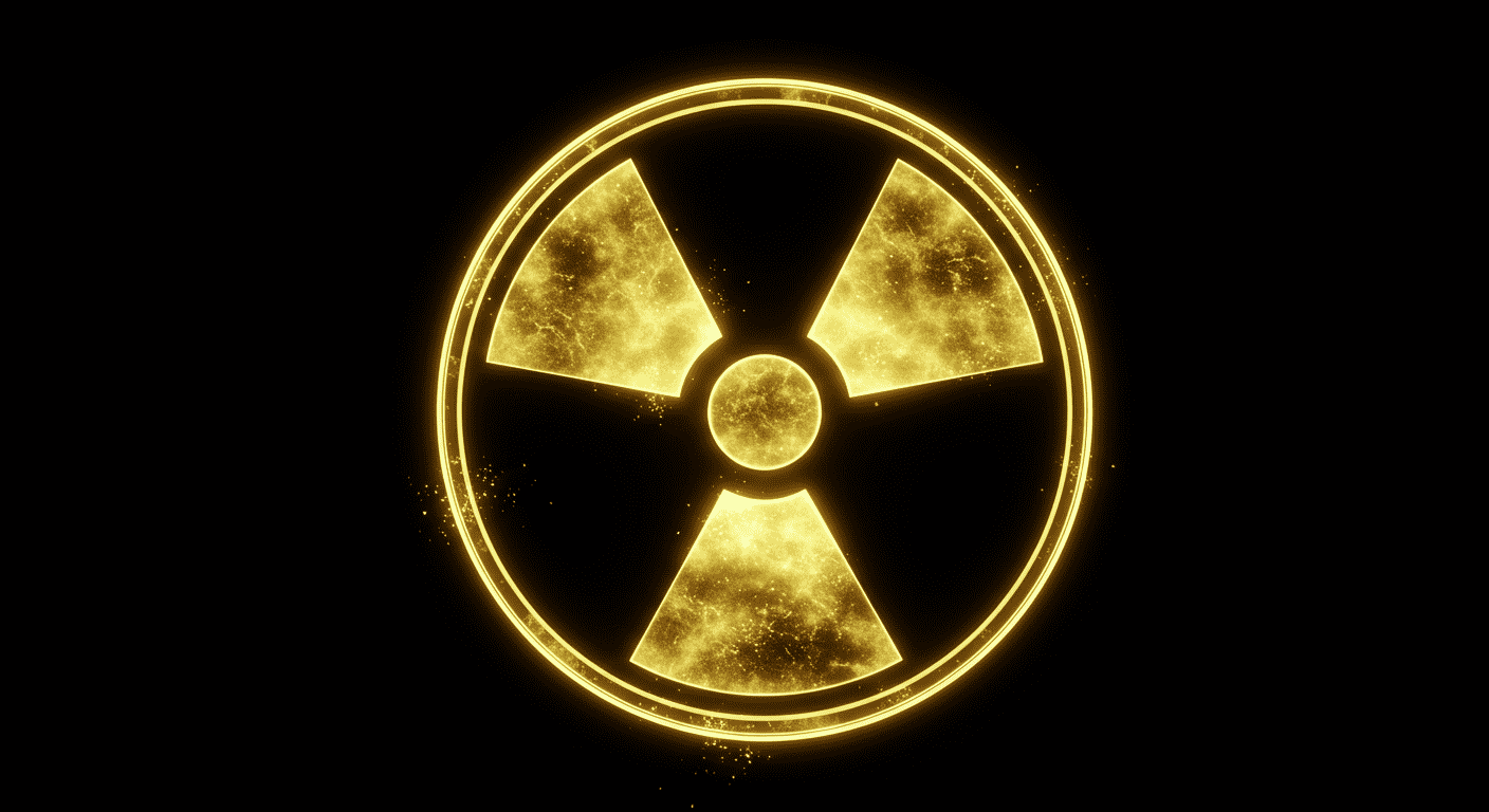 "Símbolo de radiación brillante sobre fondo negro. Icono de peligro radiactivo con efecto de luz. Energía nuclear, riesgo, advertencia, seguridad nuclear."