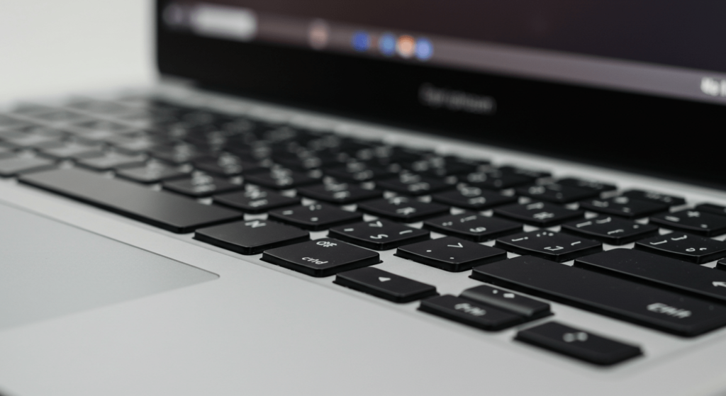 Evolución de los Lenguajes de Programación: Del Código Máquina a la IA 3 Teclado de portátil moderno. Imagen de cerca de teclas negras con letras blancas sobre base plateada. Dispositivo tecnológico para escribir y trabajar. Diseño de teclado con pantalla borrosa al fondo