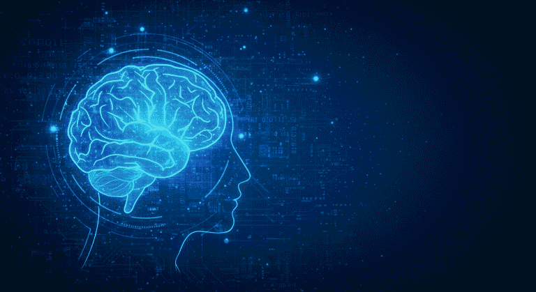 Ilustración abstracta del cerebro humano conectado a circuitos electrónicos. Representación visual de la inteligencia artificial y la tecnología.