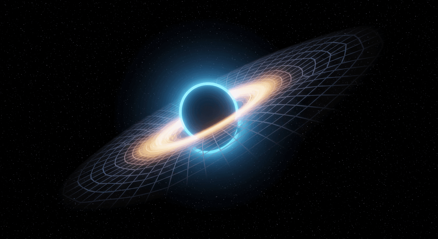 "Ilustración de agujero negro deformando el espacio-tiempo. Representación visual de la gravedad extrema con rejilla curvada y fondo de galaxias. Ideal para contenido científico sobre astrofísica y relatividad."
