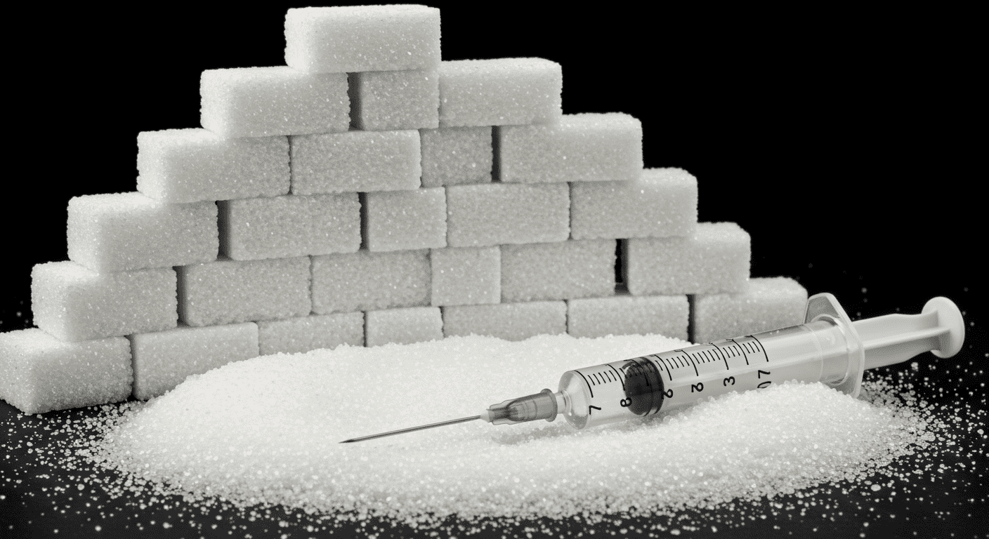 Jeringa sobre torre de cubos de azúcar. Diabetes, control de azúcar en sangre y salud. Consecuencias del consumo excesivo de azúcar.