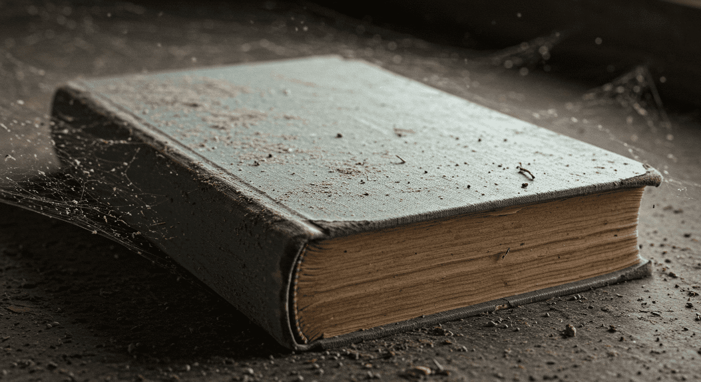 "Libro antiguo y polvoriento cubierto de telarañas. Imagen de un viejo libro descuidado con polvo y telarañas. Ideal para temas de antigüedades, abandono, paso del tiempo y fotografía vintage."