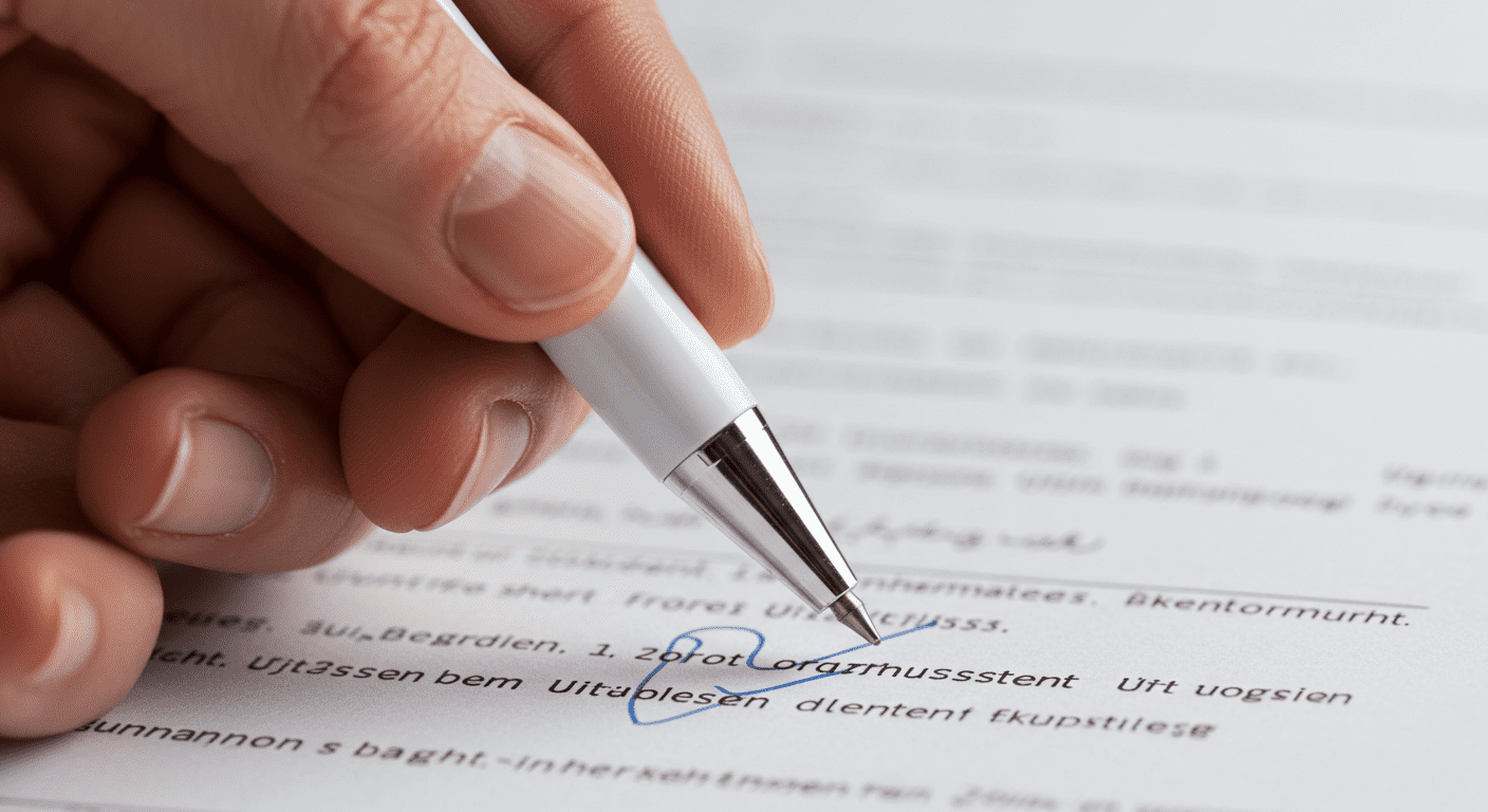 Primer plano de una mano escribiendo en un documento. Bolígrafo blanco con detalles azules sobre papel con texto. Imagen de escritura y documentos.
