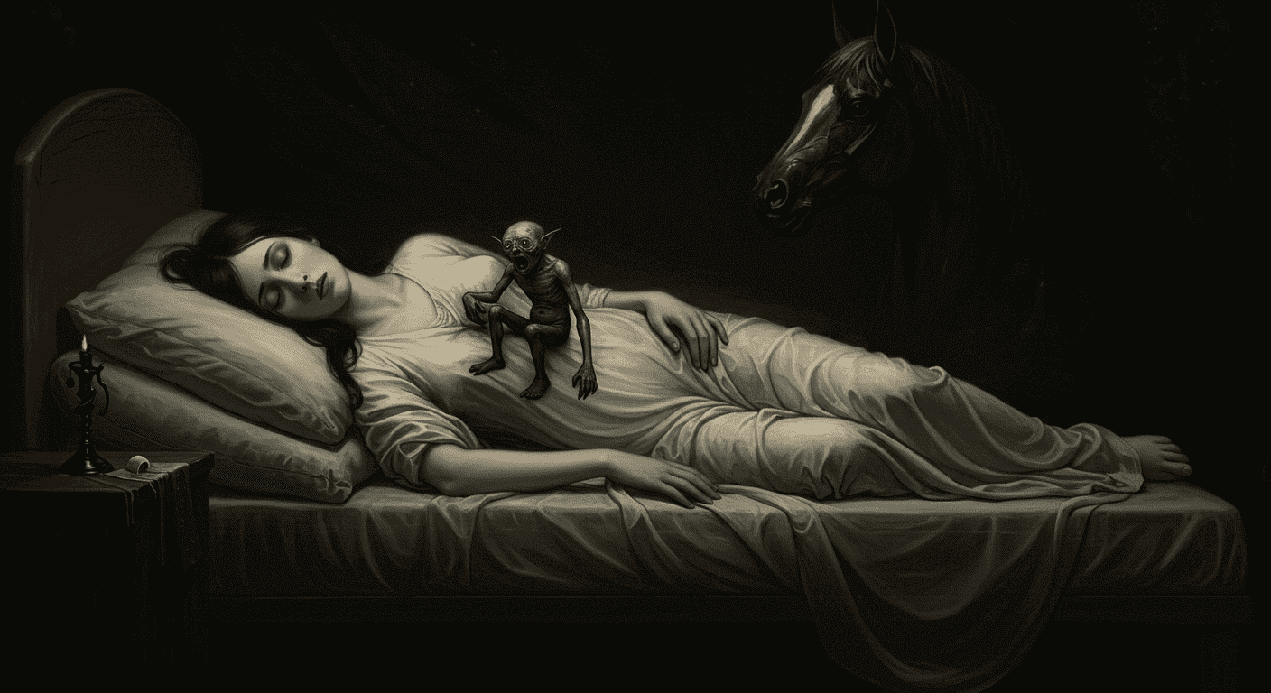 Pintura de mujer durmiendo con criatura y caballo oscuro. Imagen surrealista y onírica de pesadilla y vulnerabilidad. Arte clásico.