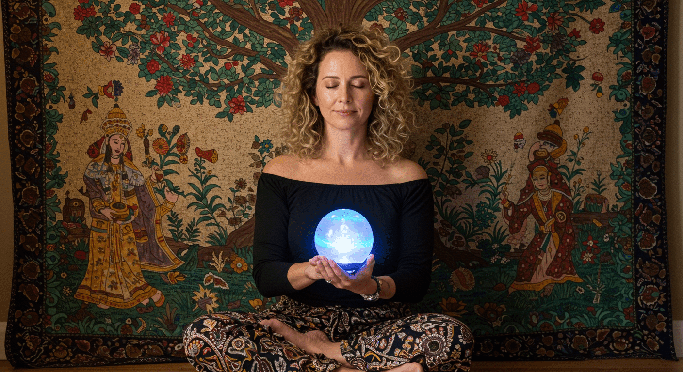 Mujer meditando con esfera luminosa: Retrato de persona practicando meditación. Yoga, relajación y bienestar.