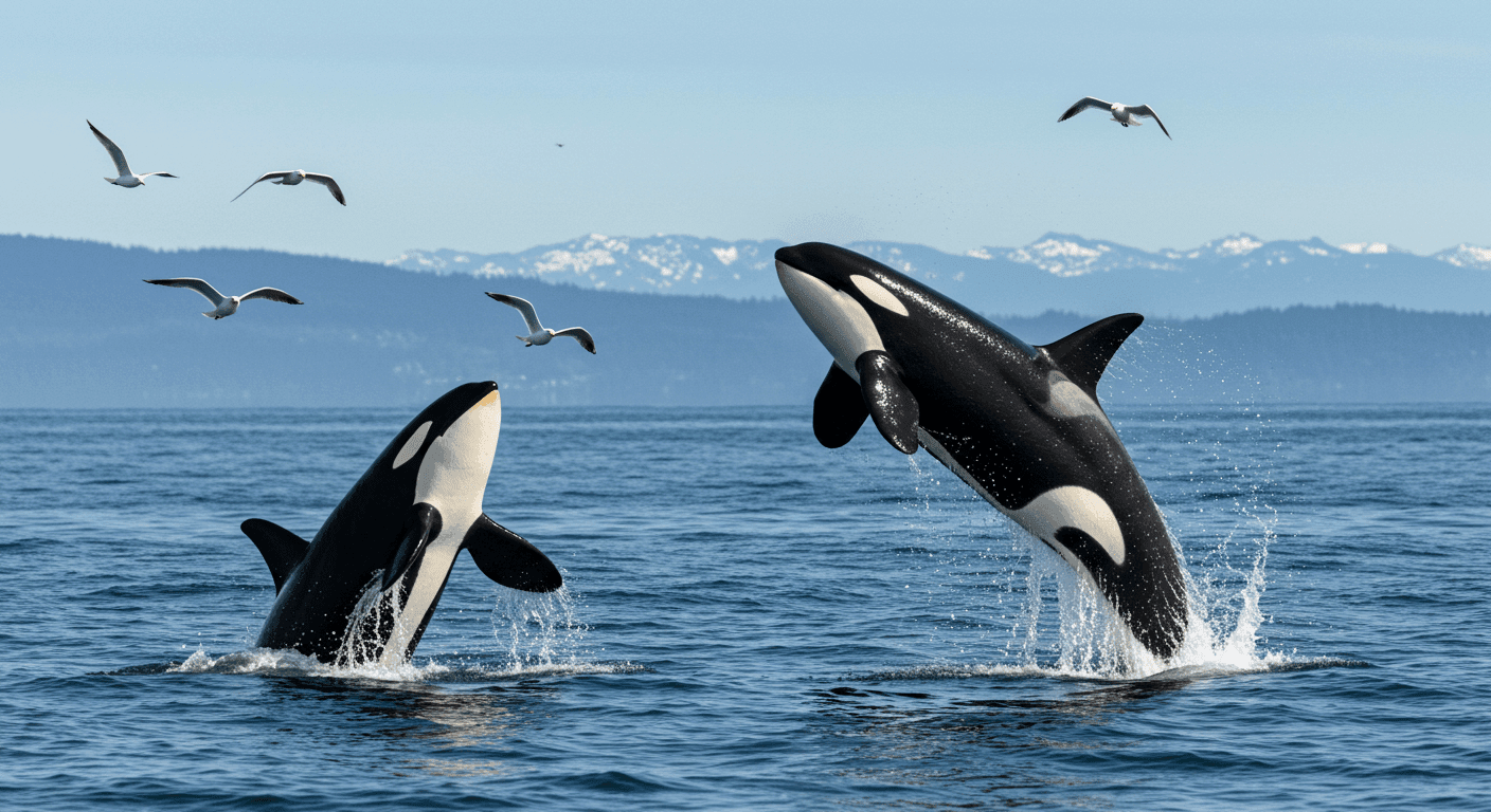 Orcas saltando en el mar con gaviotas. Imagen de dos orcas emergiendo del agua en un día soleado, con gaviotas volando sobre el océano. Fotografía de vida marina y cetáceos. Accesibilidad web y SEO.