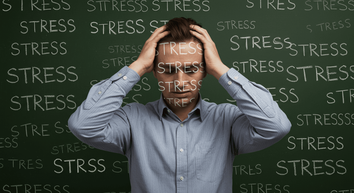 Ilustración del concepto de estrés con persona agarrándose la cabeza frente a pizarra llena de la palabra "ESTRÉS". Salud mental, ansiedad, agobio, problemas emocionales.