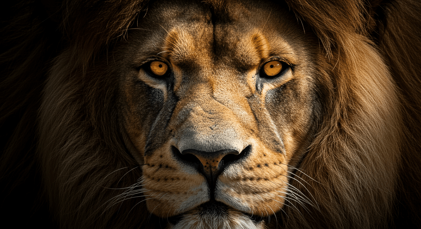 Primer plano de la cara de un león majestuoso. Imagen de un león de melena dorada con mirada intensa y poderosa. Fotografía de fauna salvaje y grandes felinos. Accesibilidad web y SEO.