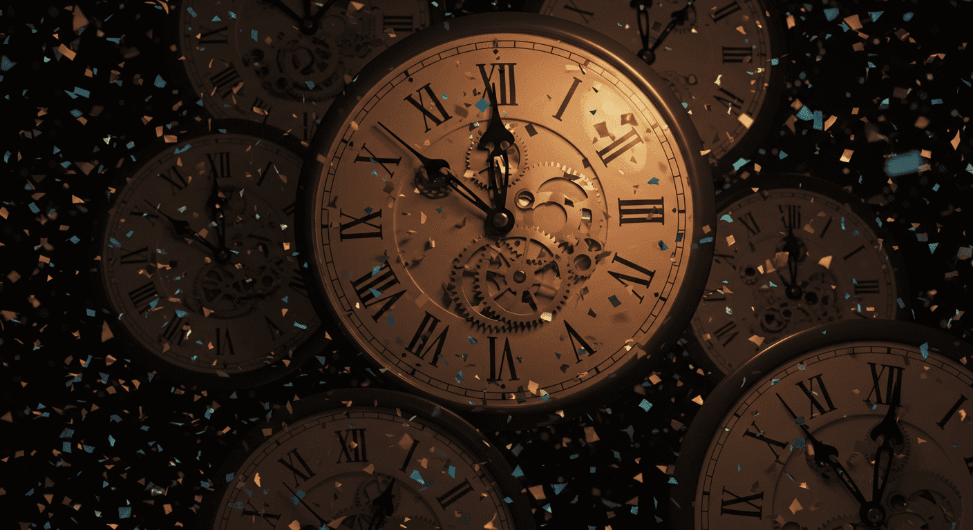 Imagen festiva con relojes y confeti, simbolizando el paso del tiempo y celebraciones. Diseño para Año Nuevo, ideal para temas de festividades y predicciones. Accesible para personas con discapacidad visual.