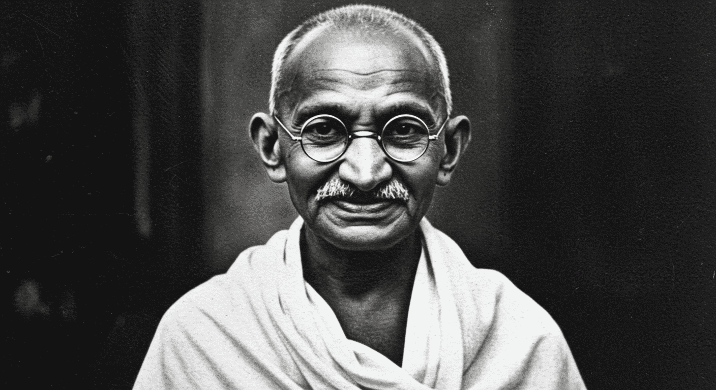 Retrato en blanco y negro de Mahatma Gandhi con gafas. Imagen histórica de la India, ideal para temas de historia y cultura. Accesible para personas con discapacidad visual.