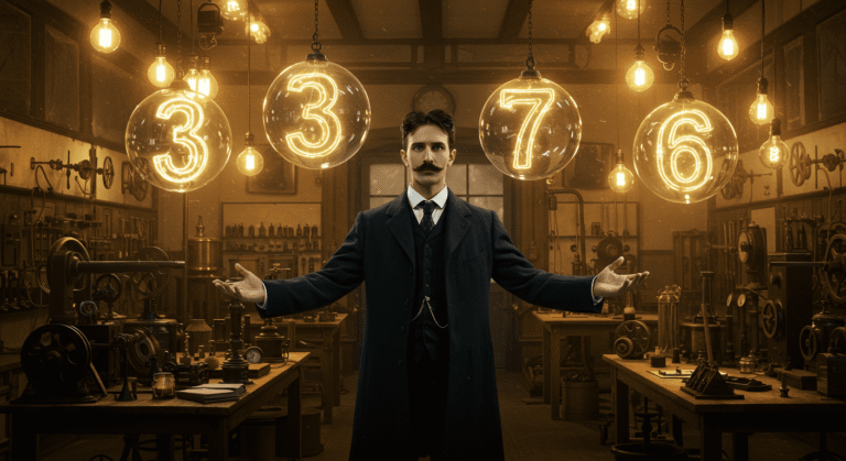 Imagen de un hombre con bigote en un laboratorio antiguo rodeado de números brillantes. Representación artística, Nikola Tesla, ciencia, energía. Foto accesible para personas con discapacidad visual.
