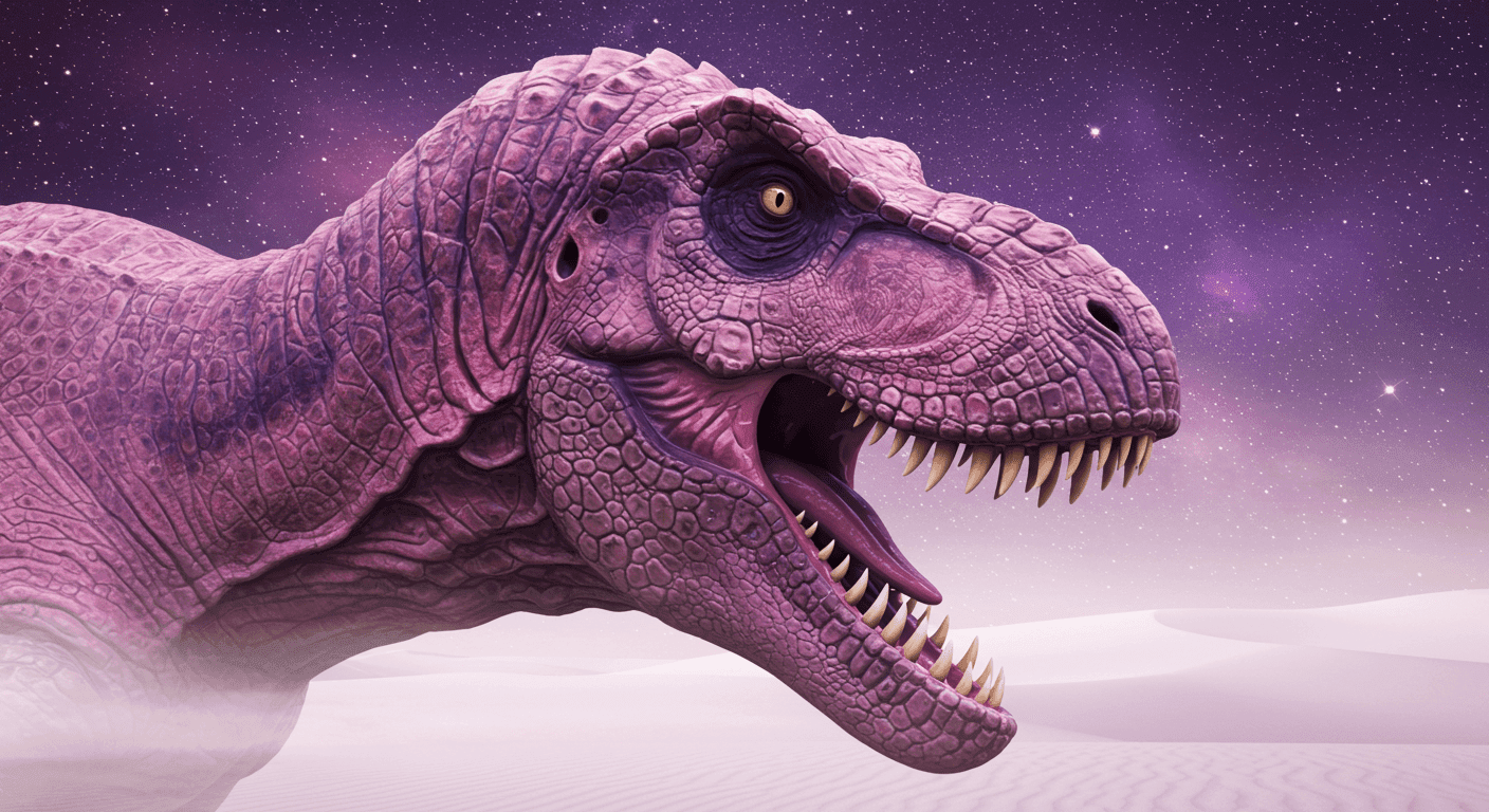 Cabeza de Tiranosaurio Rex púrpura rugiendo en desierto con cielo estrellado. Arte digital fantasía con dinosaurio y dunas.