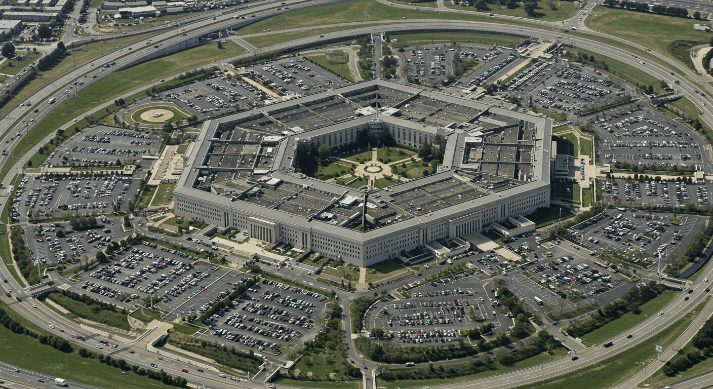 Vista aérea del Pentágono. Imagen del edificio con forma pentagonal, estacionamientos y alrededores.