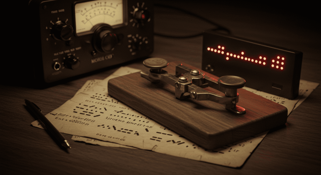 "Fotografía de equipo antiguo de telegrafía con clave Morse, transmisor de radio y hoja con código Morse escrito. Imagen de alta calidad para representar comunicación vintage, tecnología antigua y historia de la telegrafía. Ideal para contenido educativo y artículos sobre telecomunicaciones."