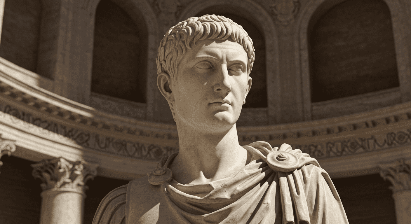 "Estatua de bronce de Constantino con espada al cielo. Escultura antigua con pátina verdosa sobre fondo de cielo azul. Fotografía de arte y patrimonio histórico."