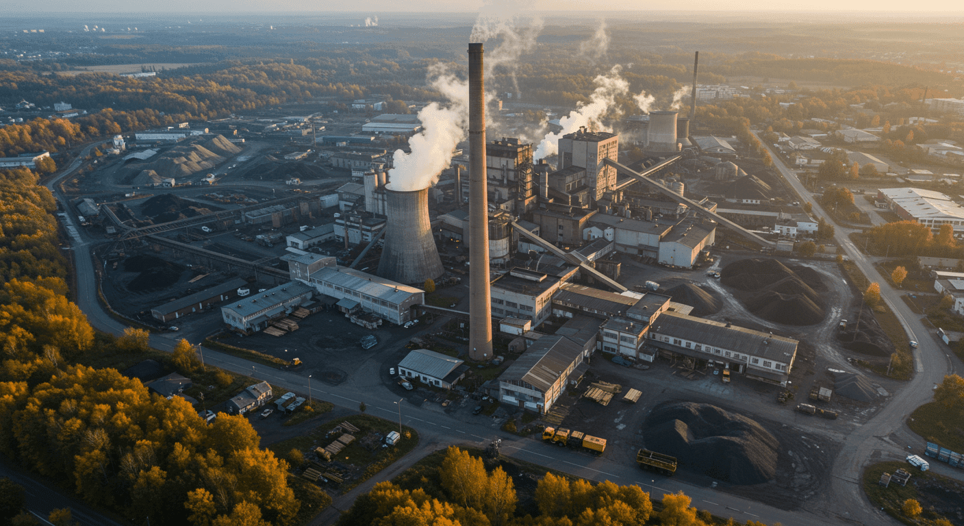Vista aérea de fábrica industrial con emisiones de humo. Imagen de una planta industrial con chimeneas expulsando humo, representando la actividad industrial y los desafíos ambientales asociados a la contaminación.