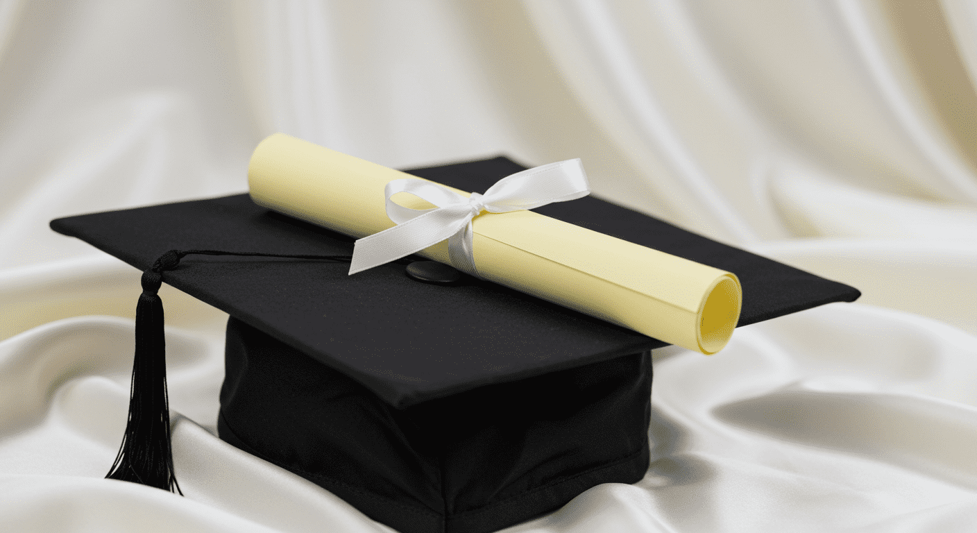 Gorro de graduación negro con diploma atado con cinta blanca. Imagen para celebración de graduación, educación y accesibilidad web.