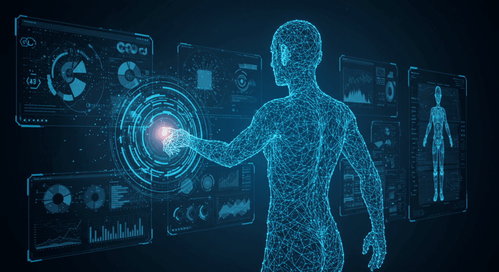 ¿Podrá ChatGPT Reemplazar los Motores de Búsqueda? Una Mirada al Futuro del SEO 2 Ilustración futurista de una figura humana interactuando con interfaces holográficas y datos. Representación de inteligencia artificial y tecnología avanzada.